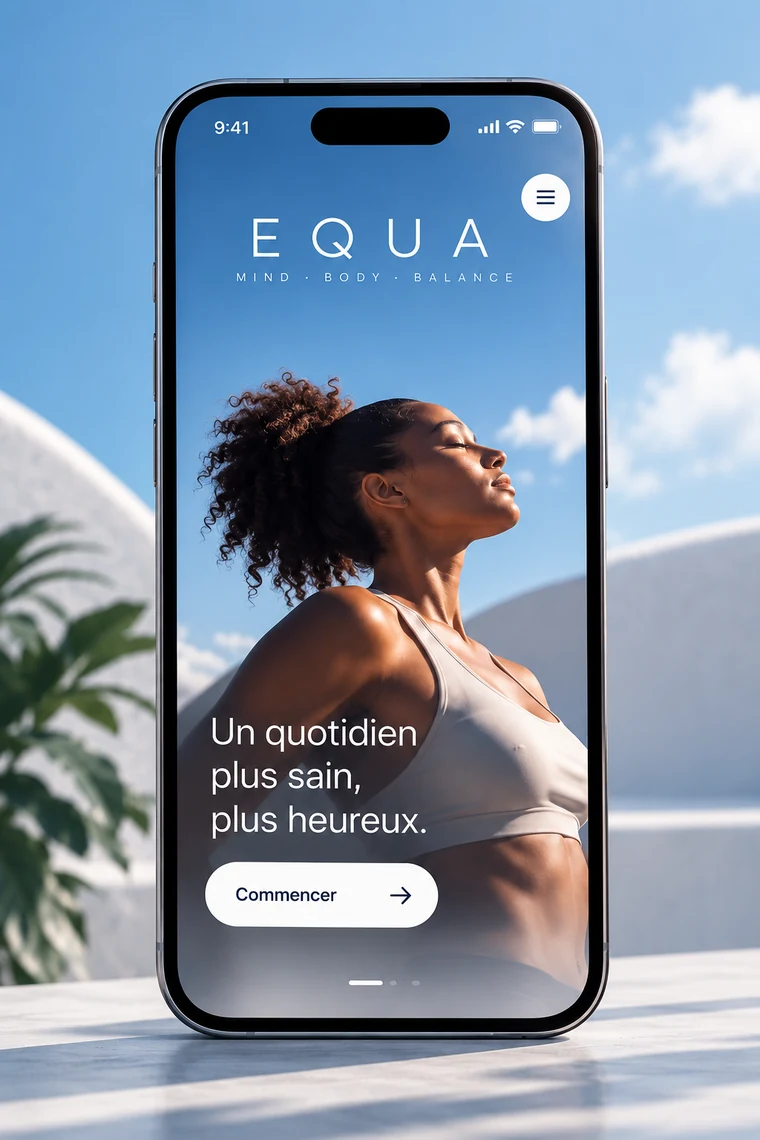 Écran d’accueil de l’application EQUA présenté sur iPhone.