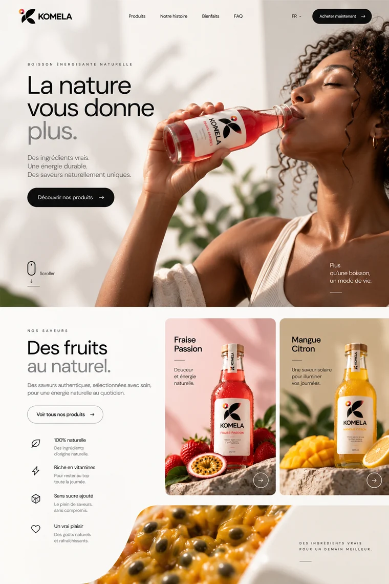 Home page of the Komela concept, a natural energy drink