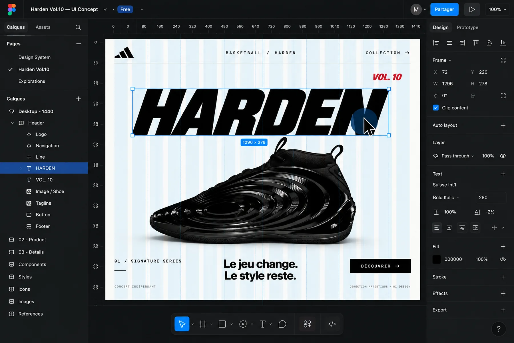 Figma file for the Harden Vol.10 concept: layer tree, 1440 desktop mockup and properties panel.