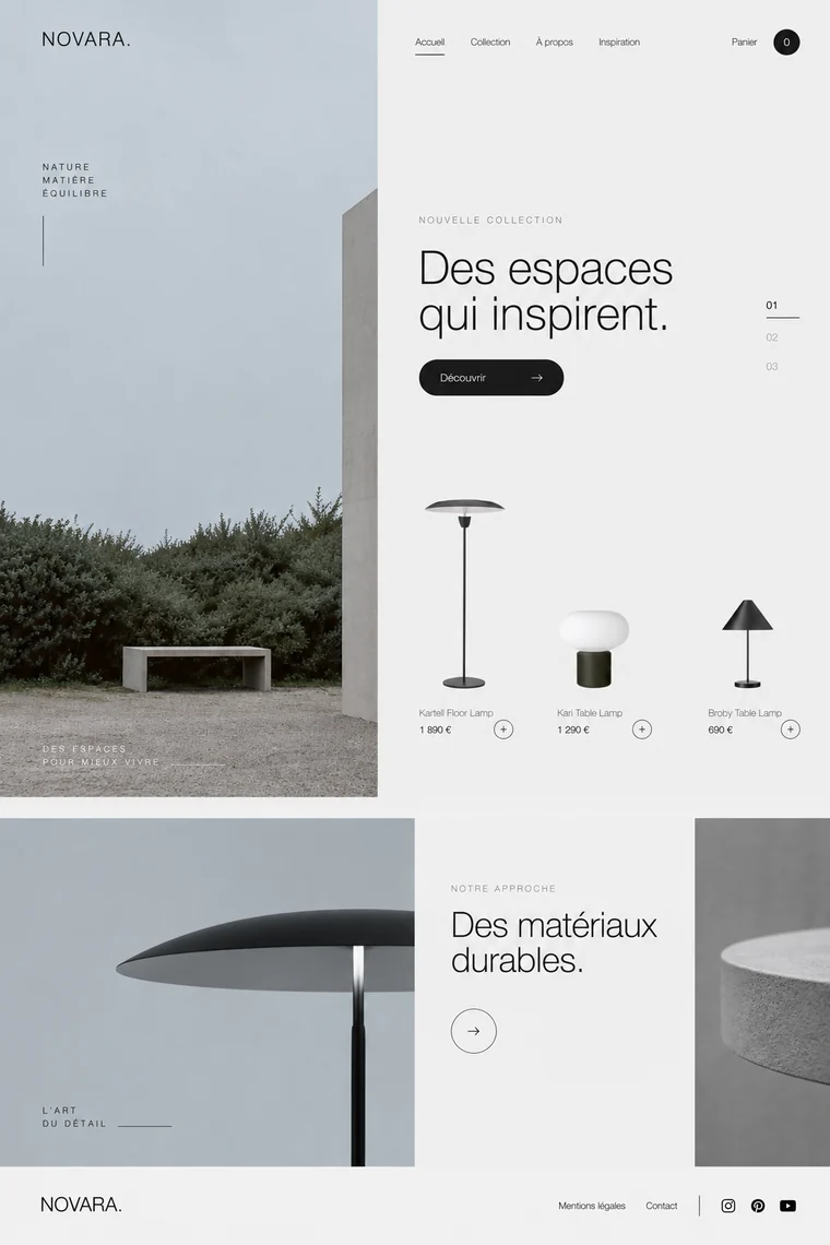 Navara, interface immobilière : page d’accueil, collection et section matériaux.
