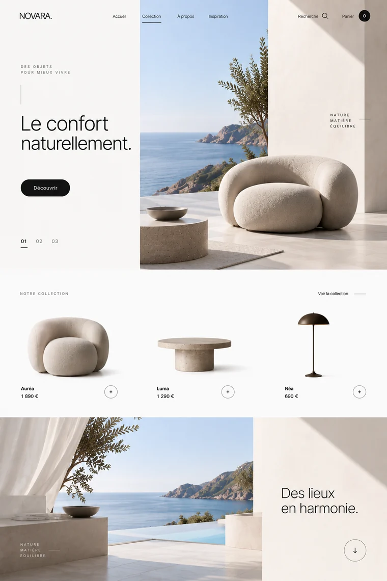 Page d’accueil du concept Novara, boutique de mobilier et d’objets déco.
