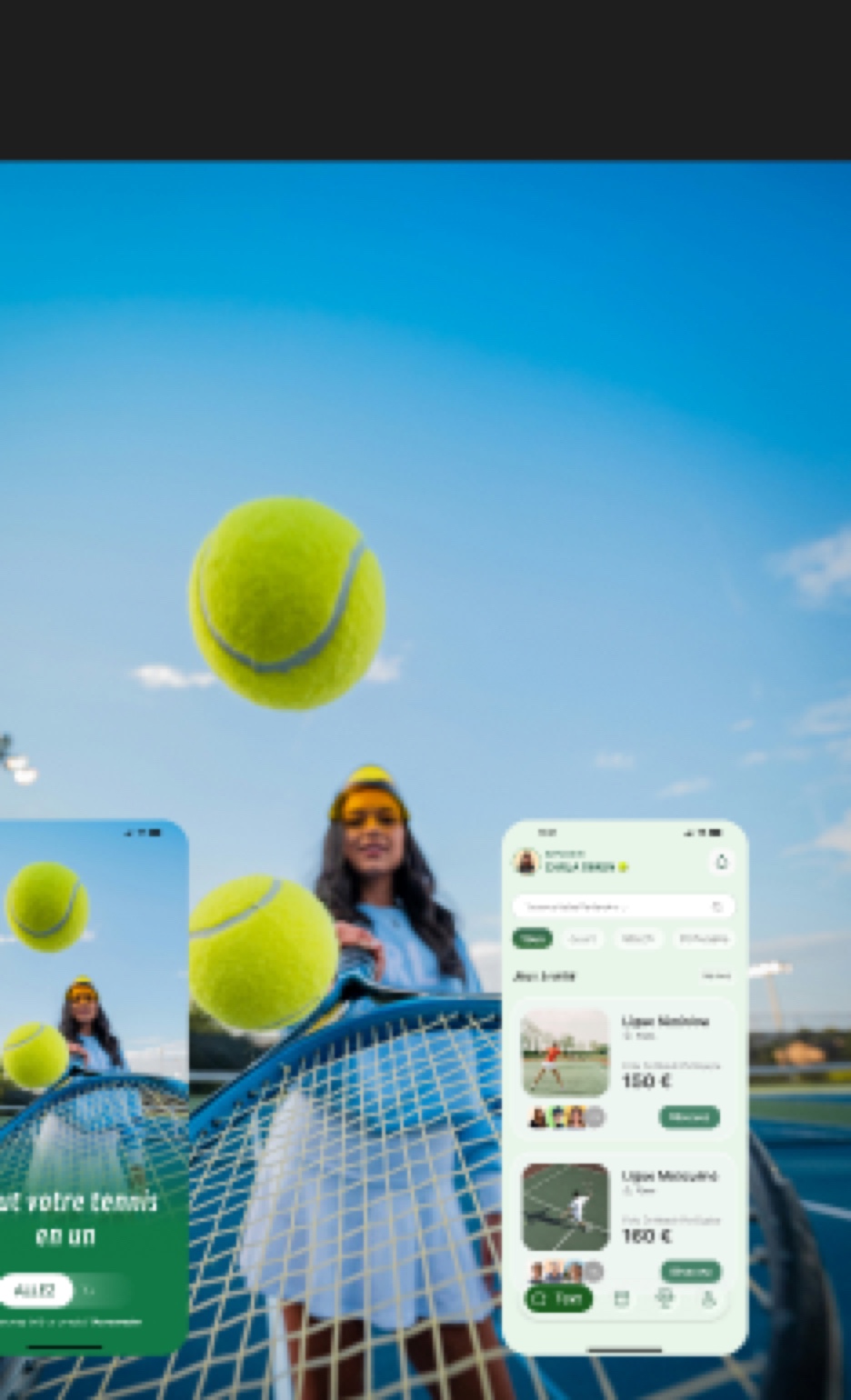 Application tennis — joueuse + balles + ciel